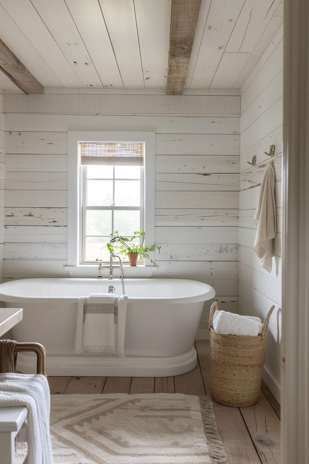 Serene bathroom featuring minimalist shiplap walls and natural decor elements.