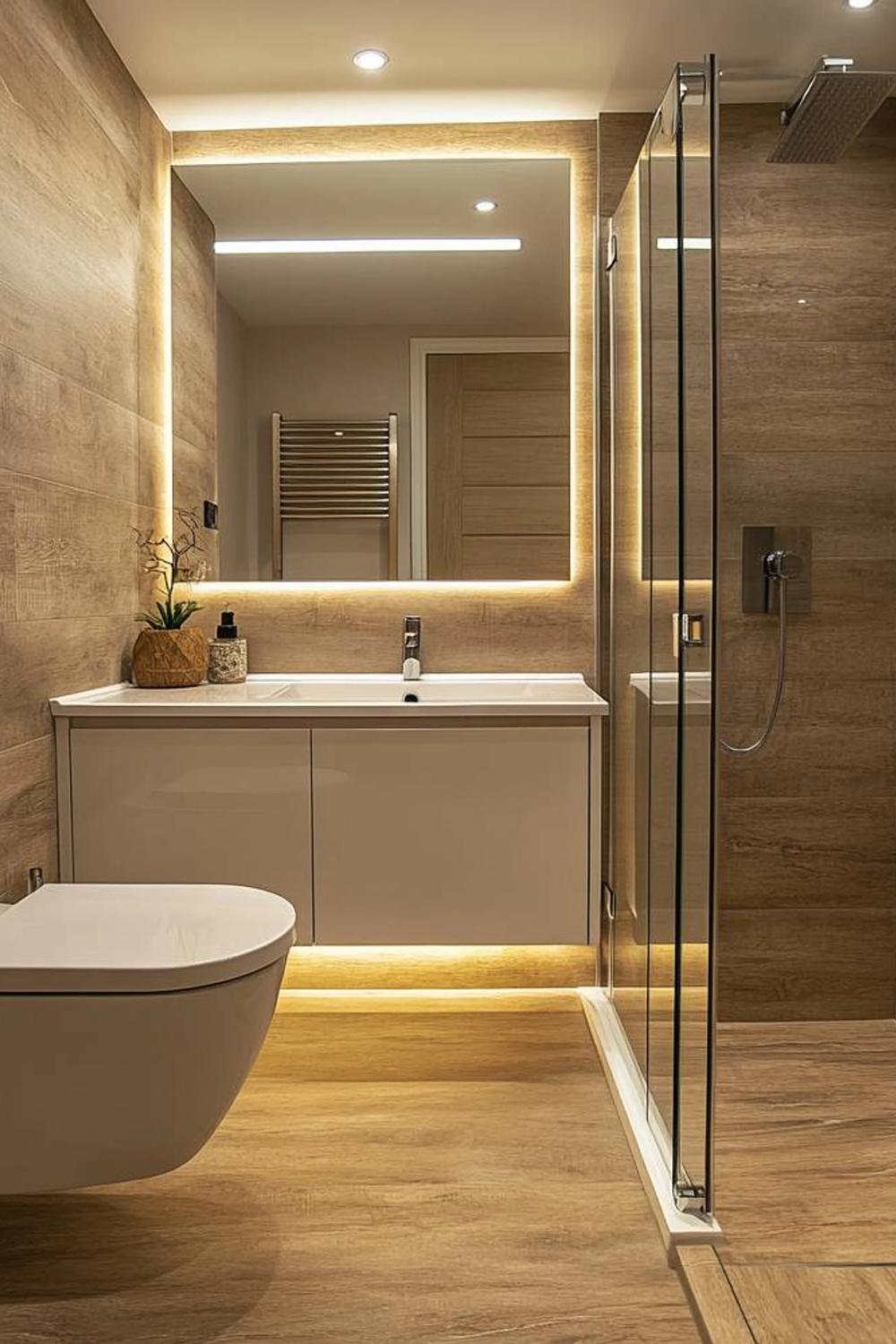 Compact bathroom with light wood tones and minimalistic design