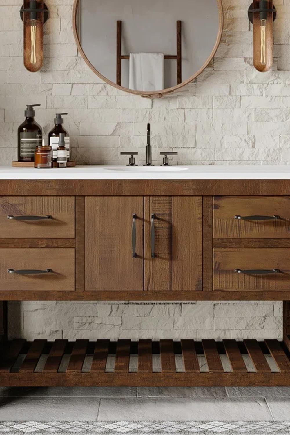 A rustic single bathroom vanity made from dark wood, topped with a sleek white surface.