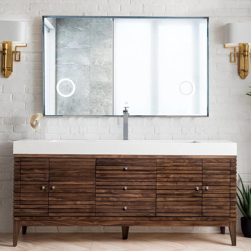 A dark wood single bathroom vanity designed with sleek lines and modern faucet designs.