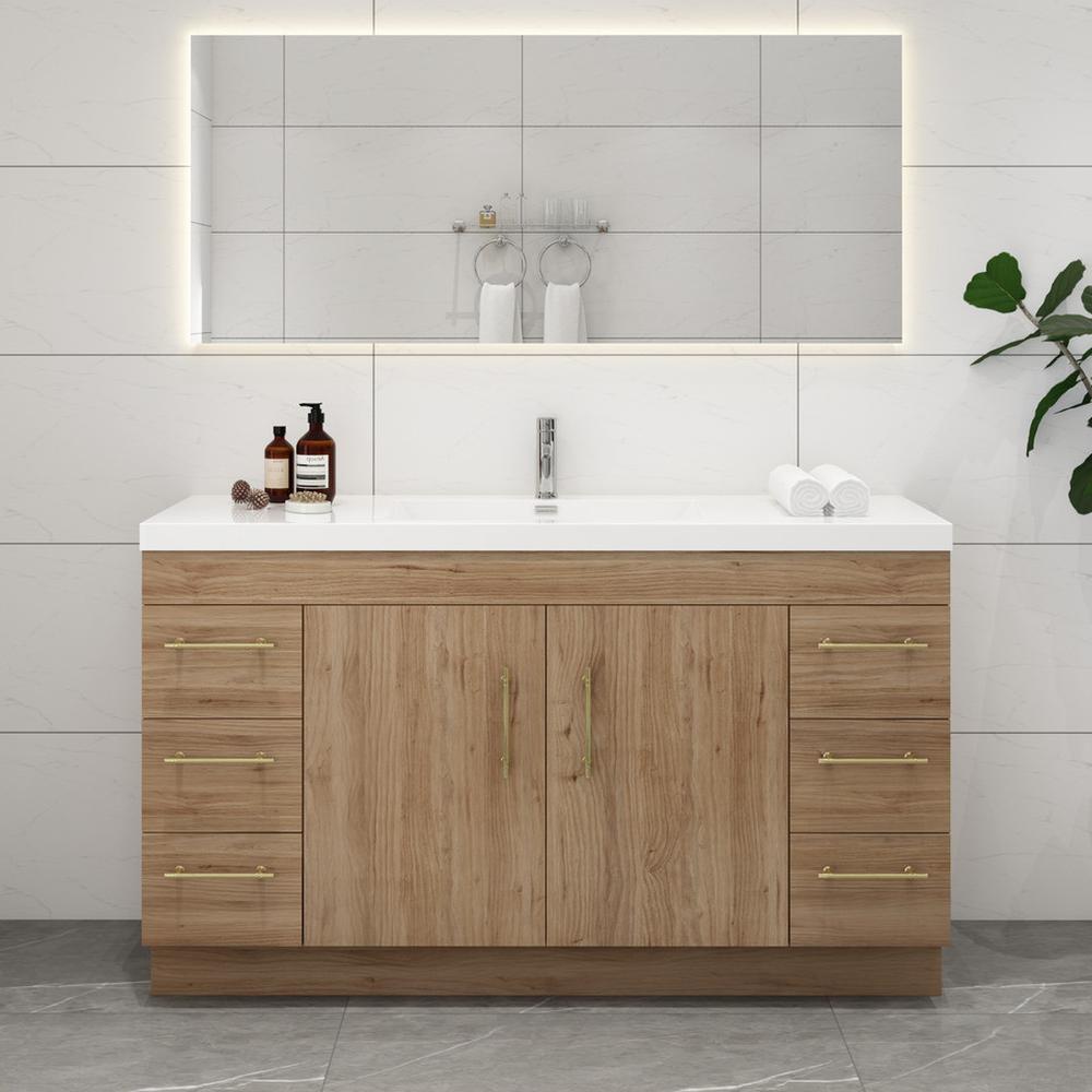 A luxurious single bathroom vanity crafted from natural wood featuring multiple storage options.