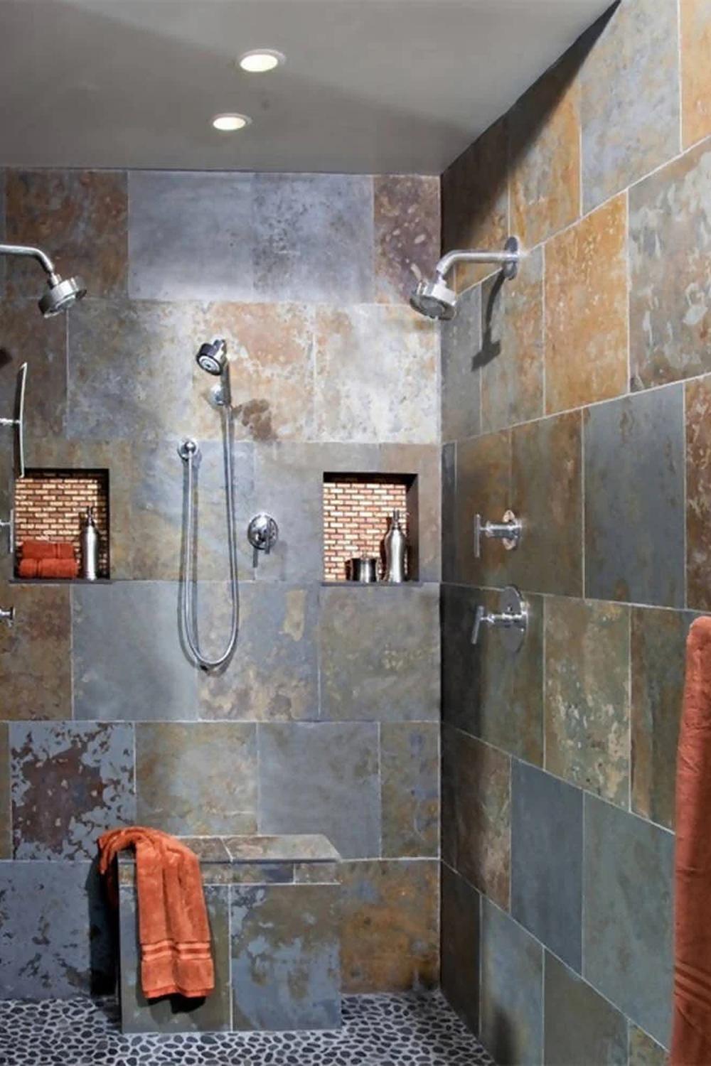 Modern bathroom design featuring geometric patterns with slate tiles