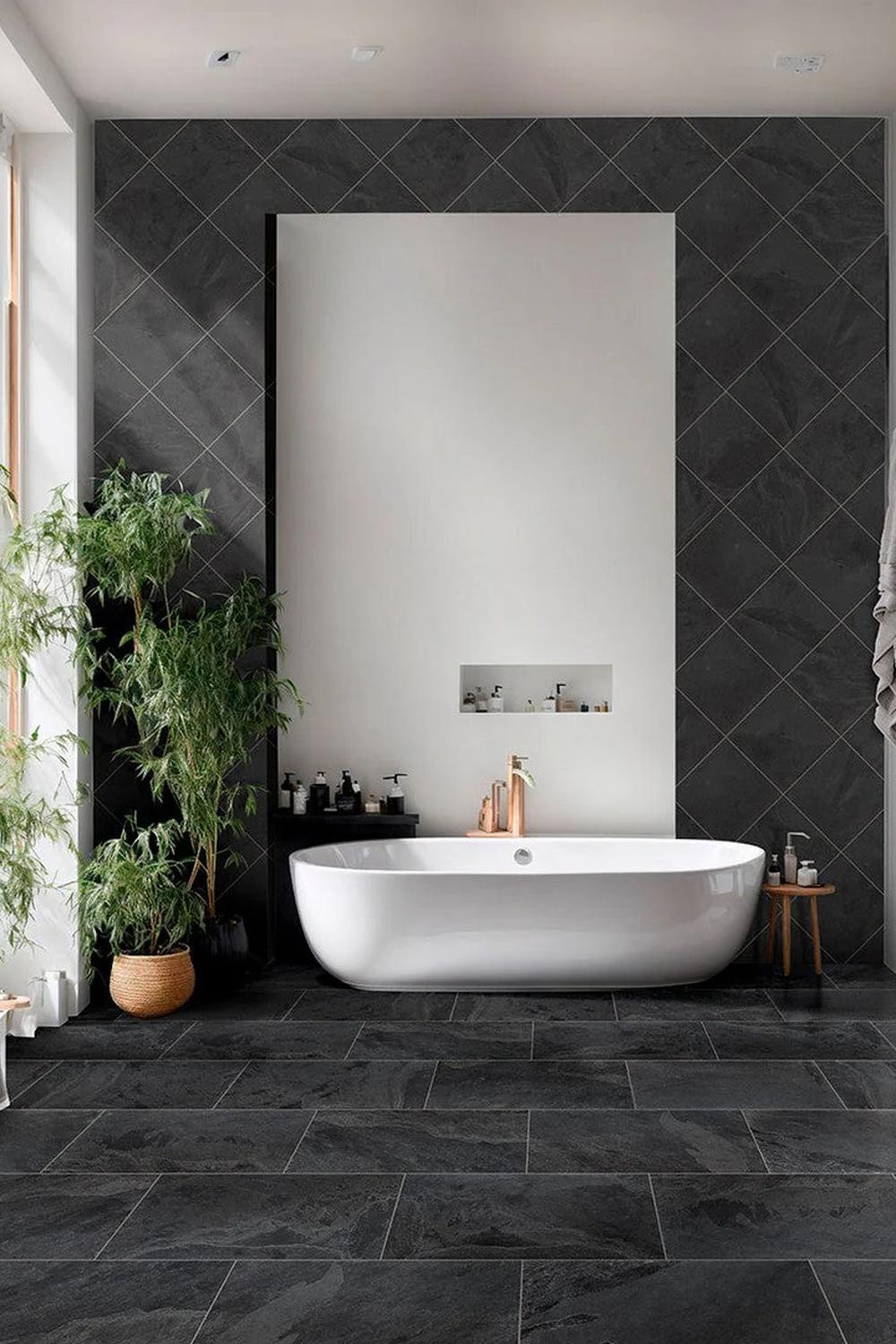 Glamorous and minimal bathroom design showcasing slate tiles