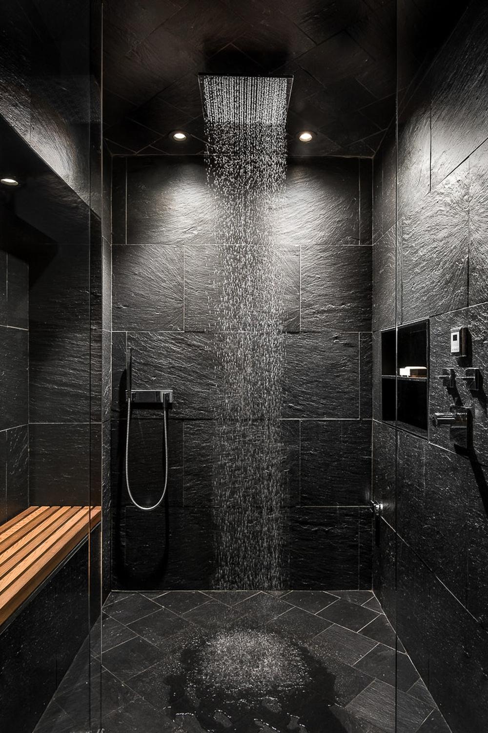High-end shower area featuring slate tiles