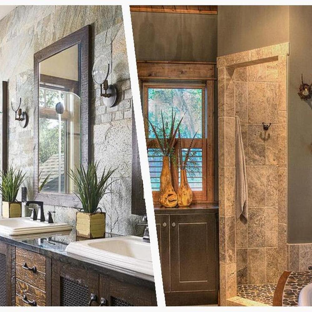 Elegant bathroom featuring double vanity and rustic elements