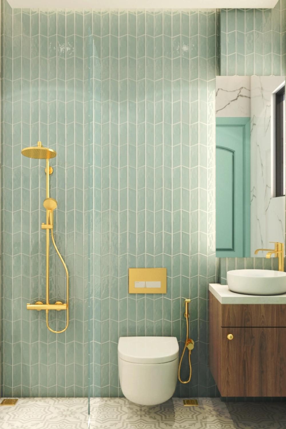 Soothing small bathroom with blue-green chevron tiles and modern fixtures