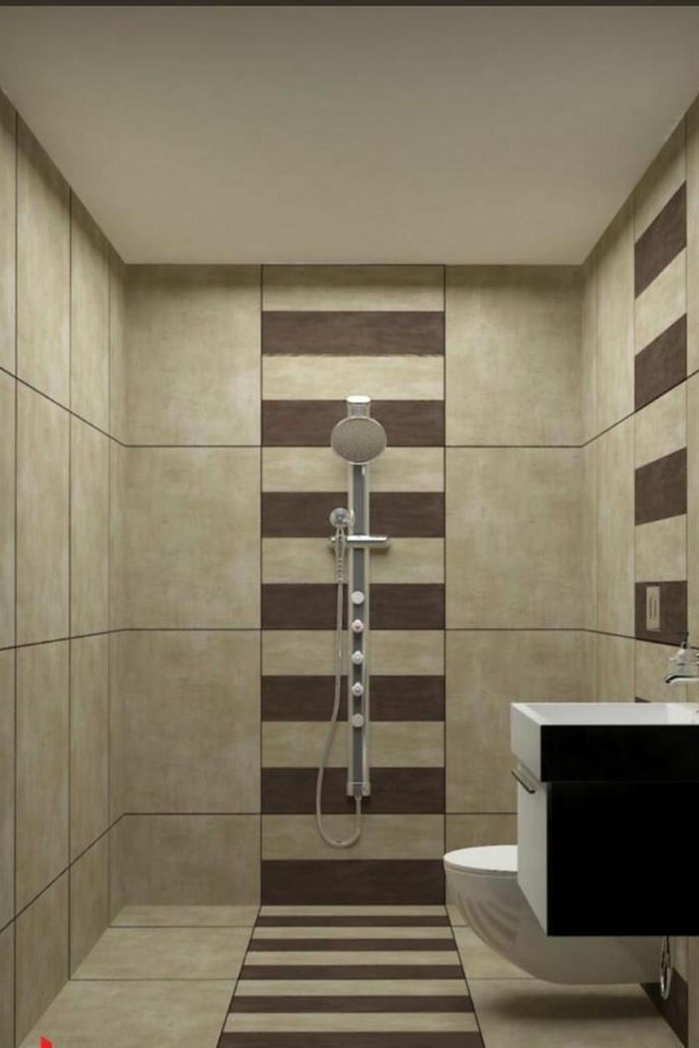 Chic small bathroom with beige and brown tiled walls and modern shower