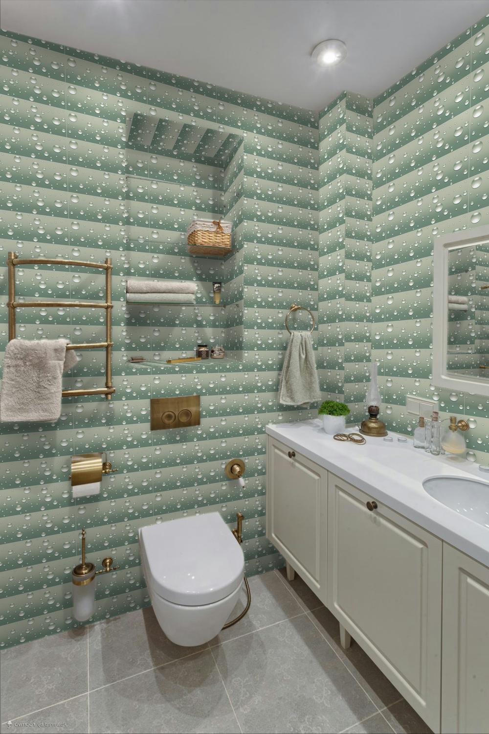 Fresh small bathroom with green tiles and practical accessories