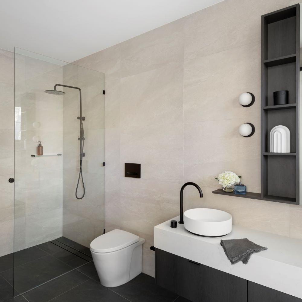 Sleek small bathroom design with a minimalist aesthetic and contemporary fixtures