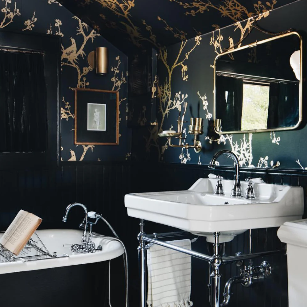 Stylish bathroom with decorative textiles and rich patterns.