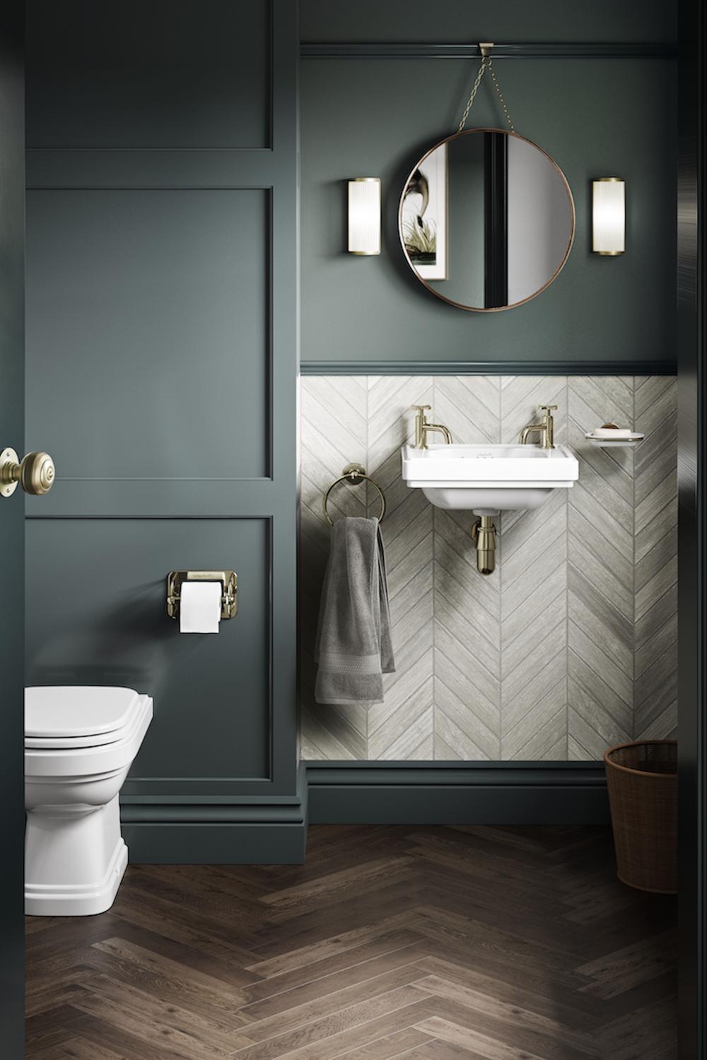 Beautiful bathroom featuring textured wallpaper and vintage elements.