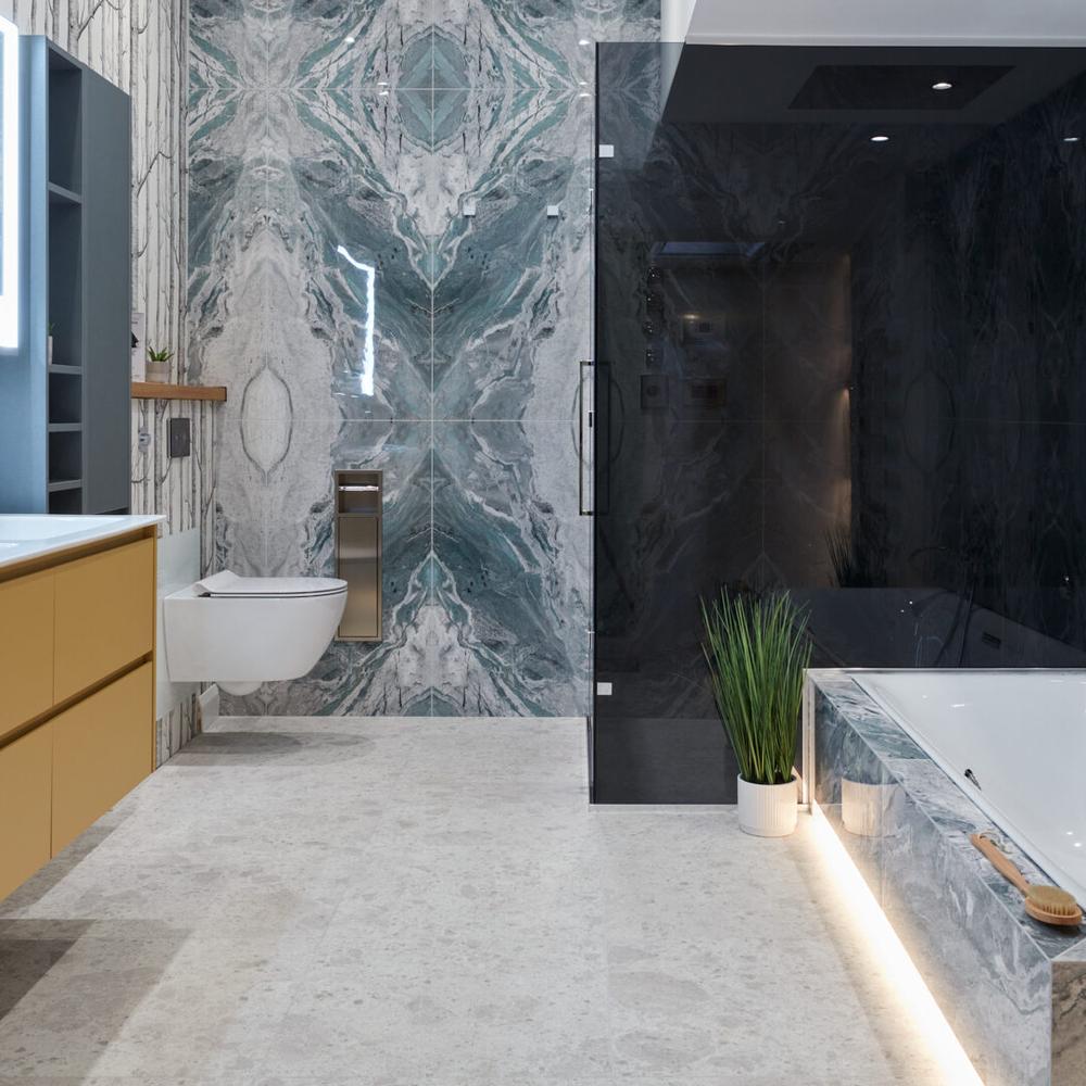 Baño moderno pequeño con azulejos texturizados