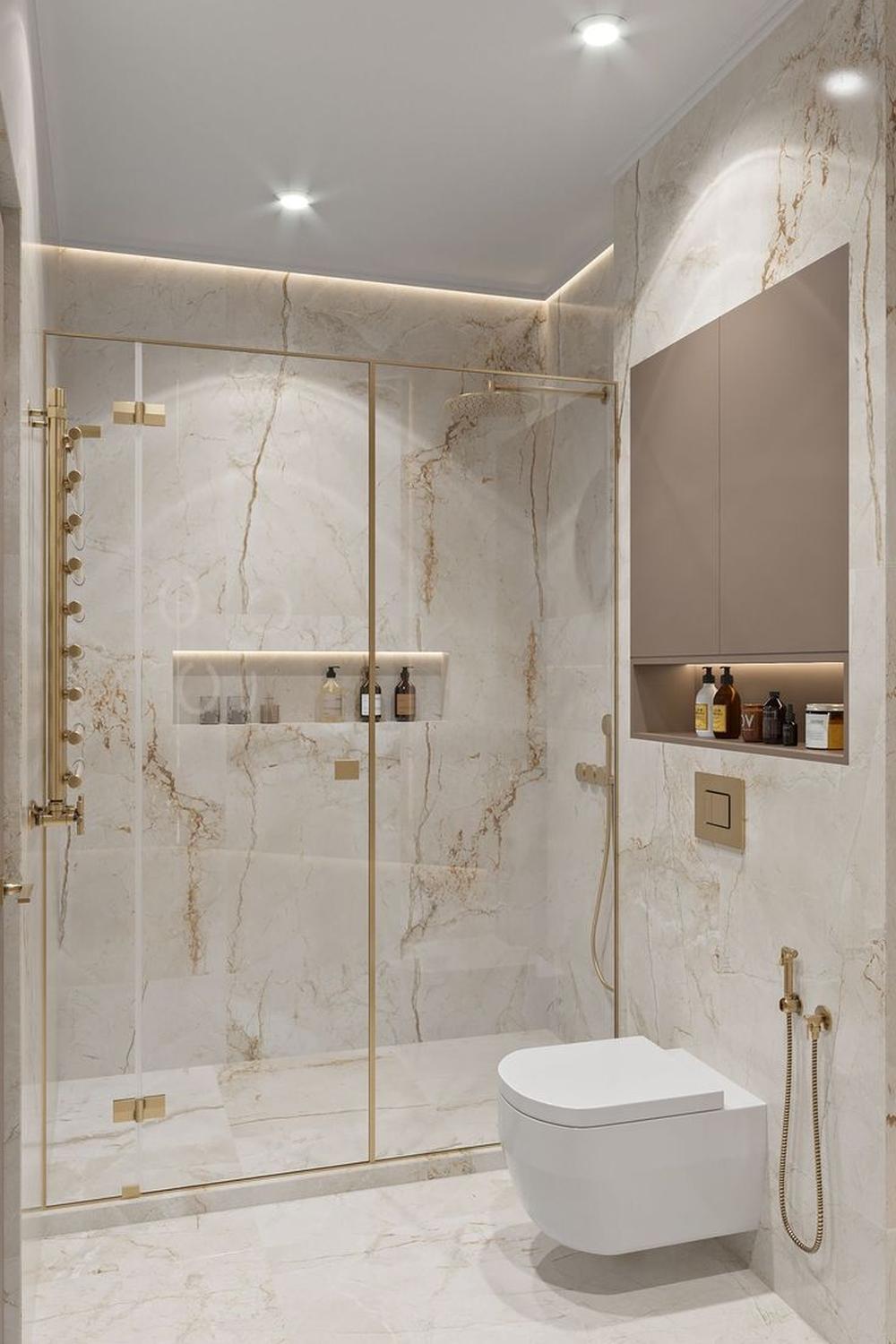 A muted sophisticated small bathroom with natural designs