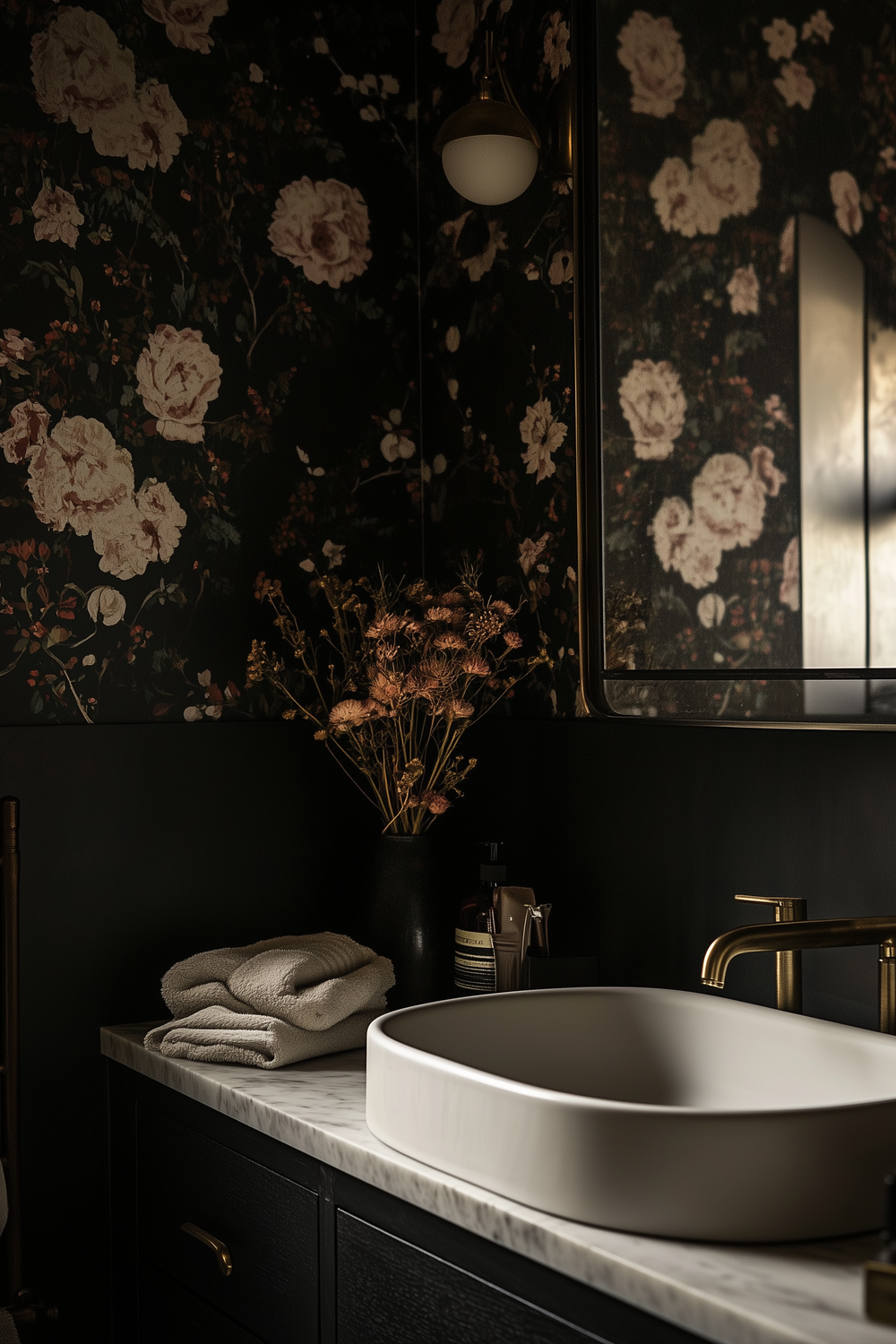 Baño pequeño con papel pintado floral y detalles dorados