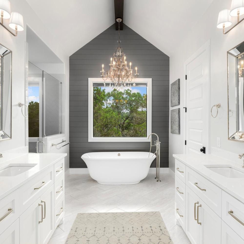 Stylish flooring pattern enhancing the overall decor of a farmhouse bathroom.