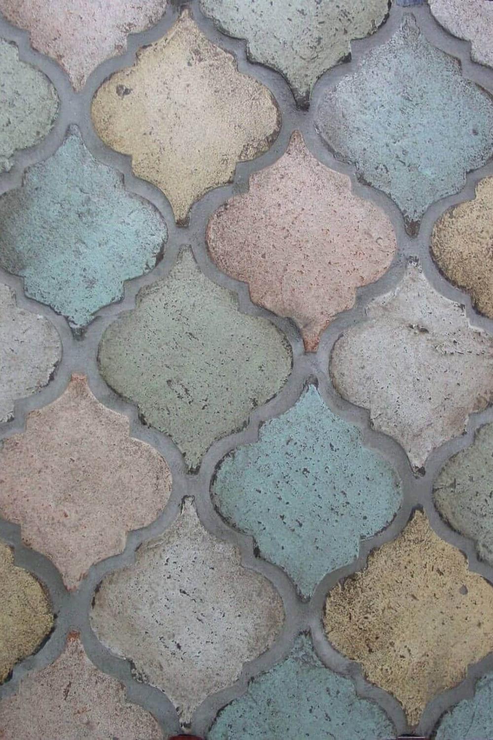 Stylized quatrefoil tiles in pastel shades arranged elegantly in a bathroom.