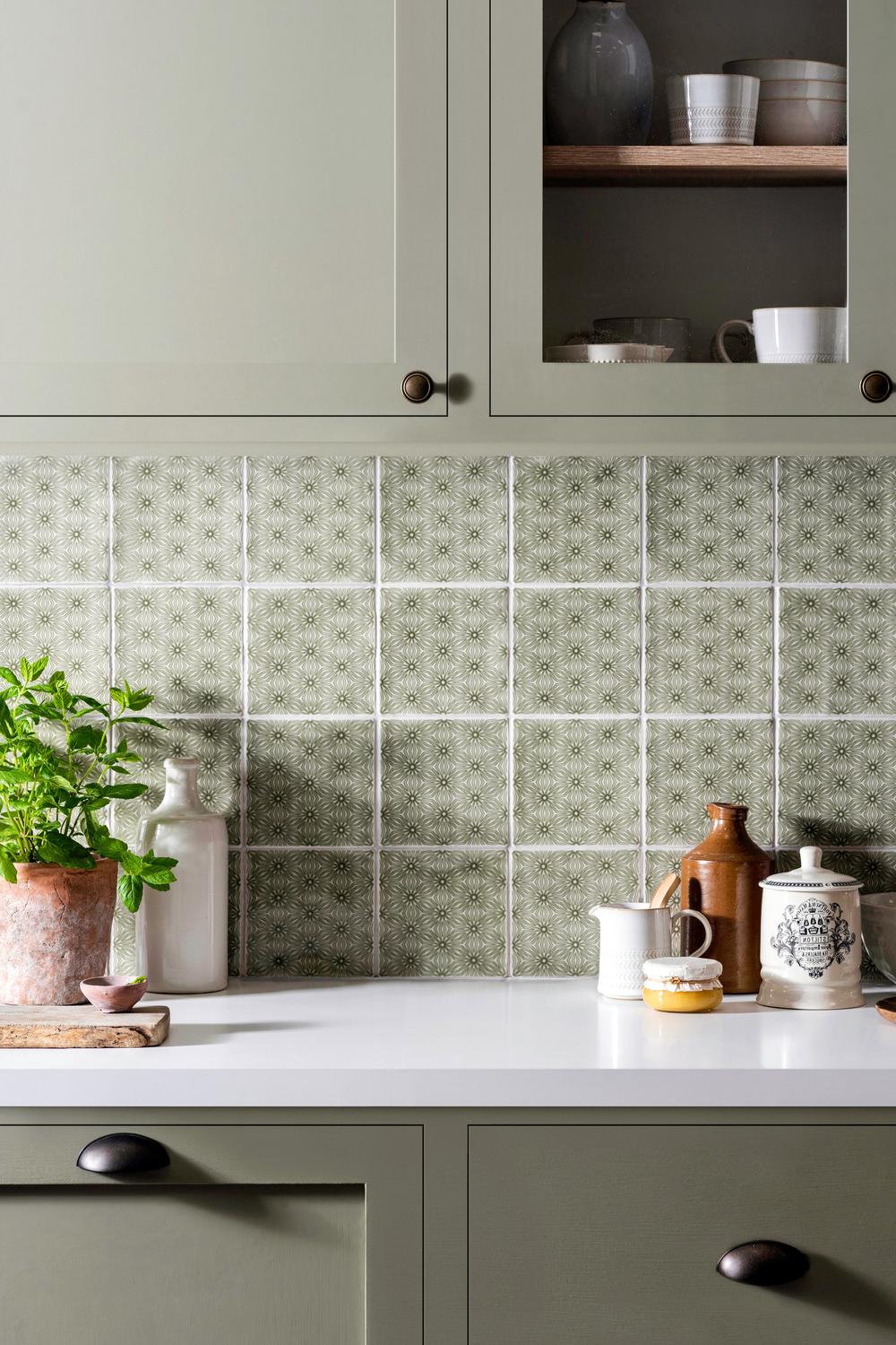 A stylish kitchen adorned with playful pastel accents and elegant tile designs creating an inviting atmosphere.