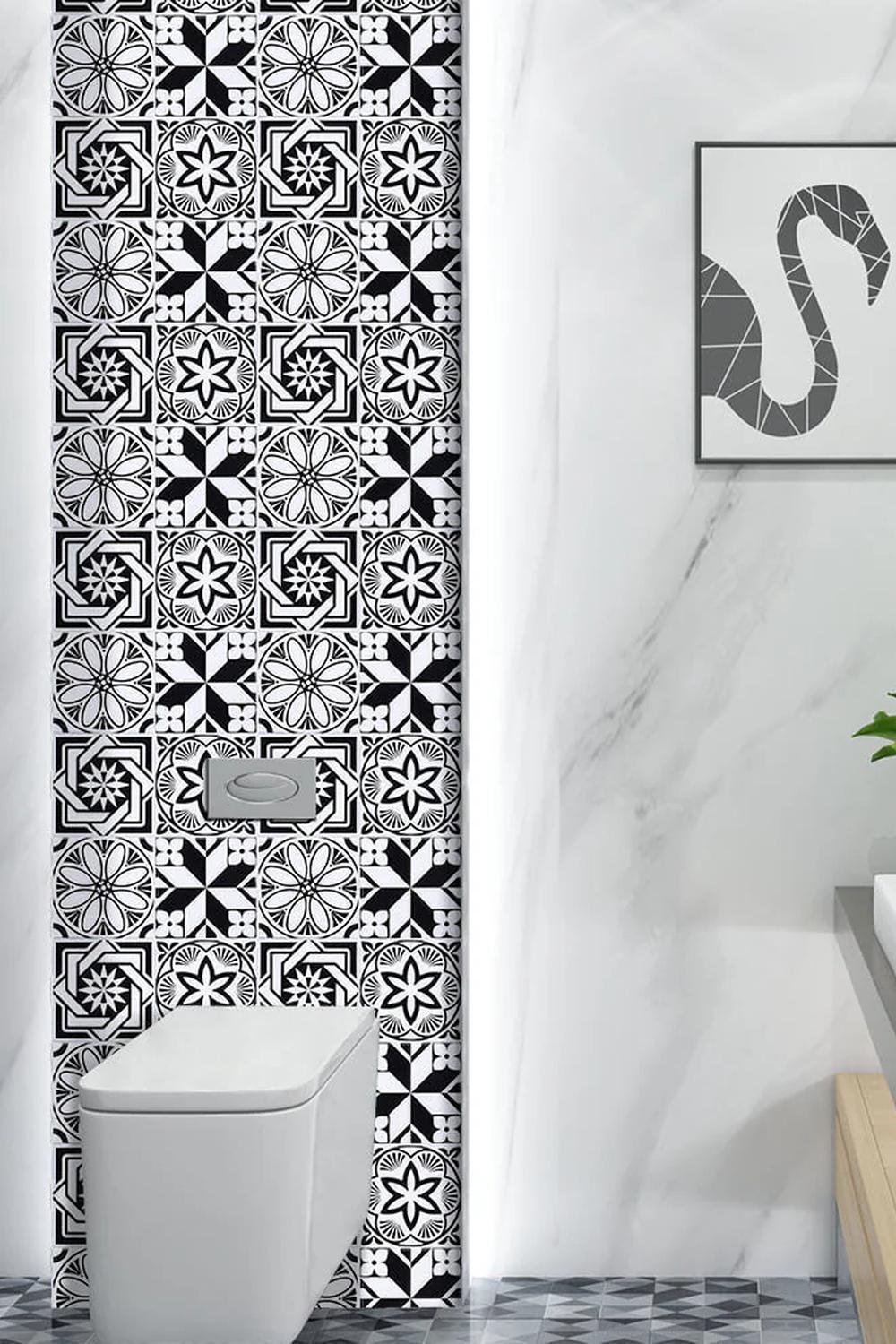 Bold Spanish tile shower with artistic backsplash