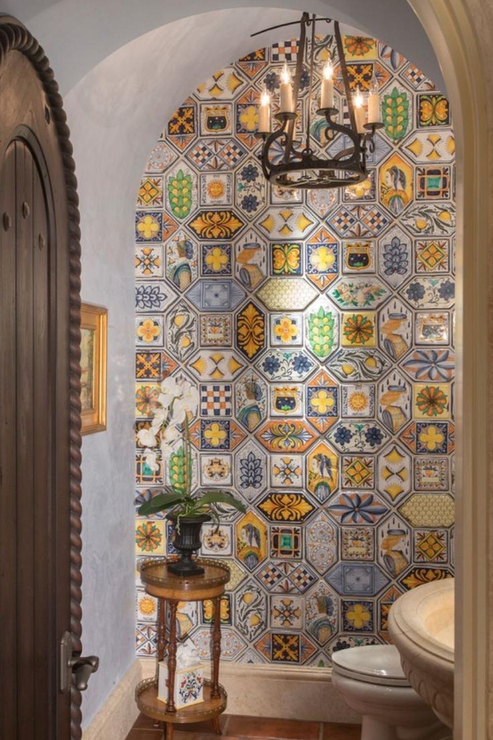 Colorful hexagonal tile bathroom design with natural touches