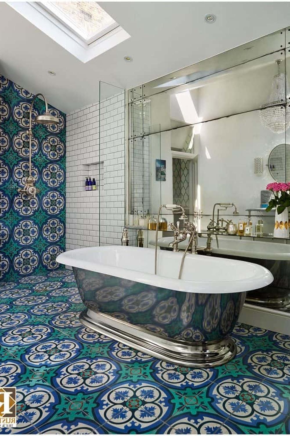 Luxurious bathroom with colorful patterns and elegant fixtures