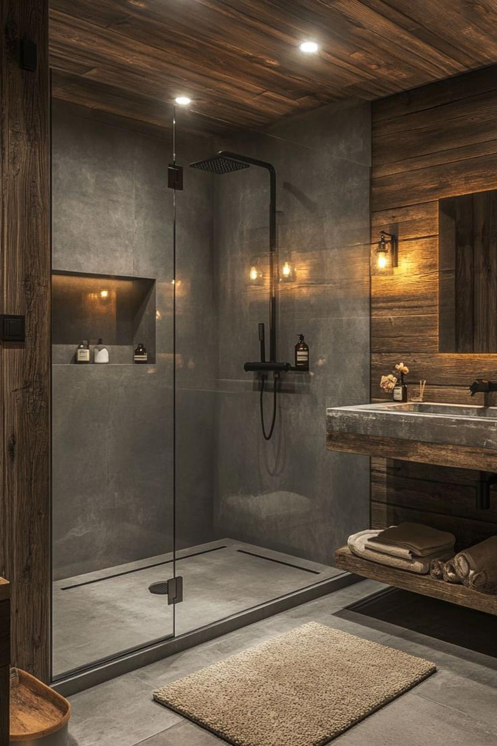 Rustic bathroom with modern stacked stone and wooden accents