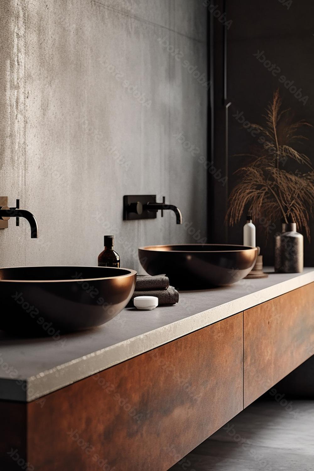 Industrial bathroom design with concrete-like stone vanity, round sinks, and minimalistic black fixtures.
