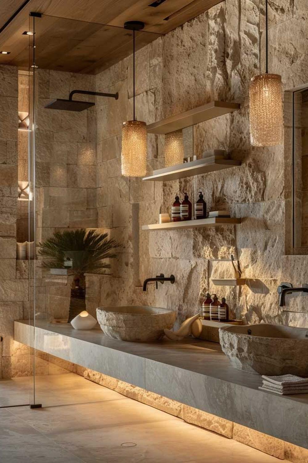 Luxurious stone bathroom showcasing textured stone walls, elongated stone vanity, and carved bowl-shaped sinks.