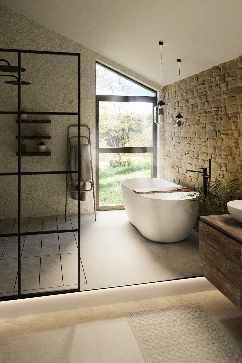 Modern bathroom design with freestanding stone bathtub and rustic stone backdrop.