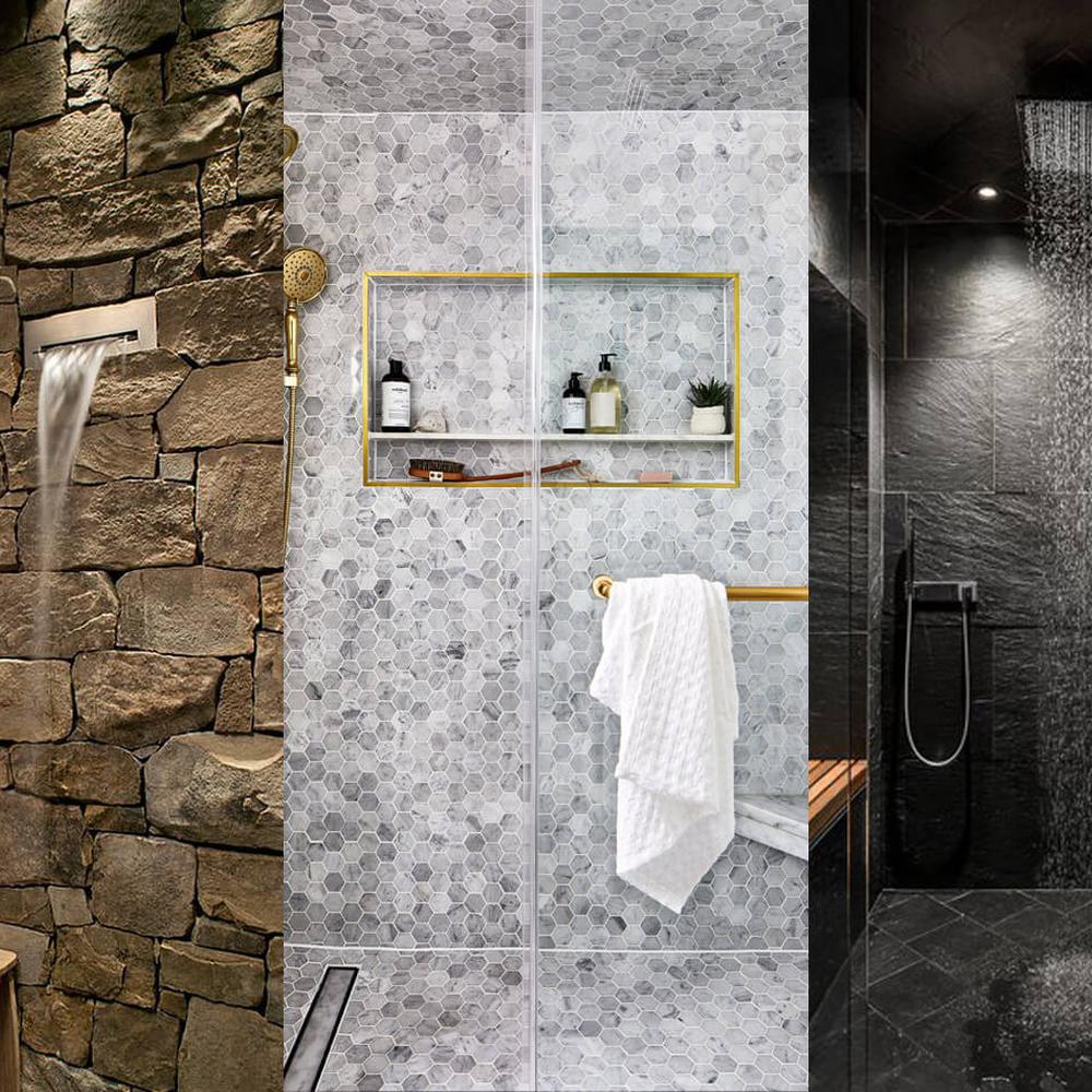 Modern bathroom design featuring rugged stone wall, water feature, and spacious shower area.