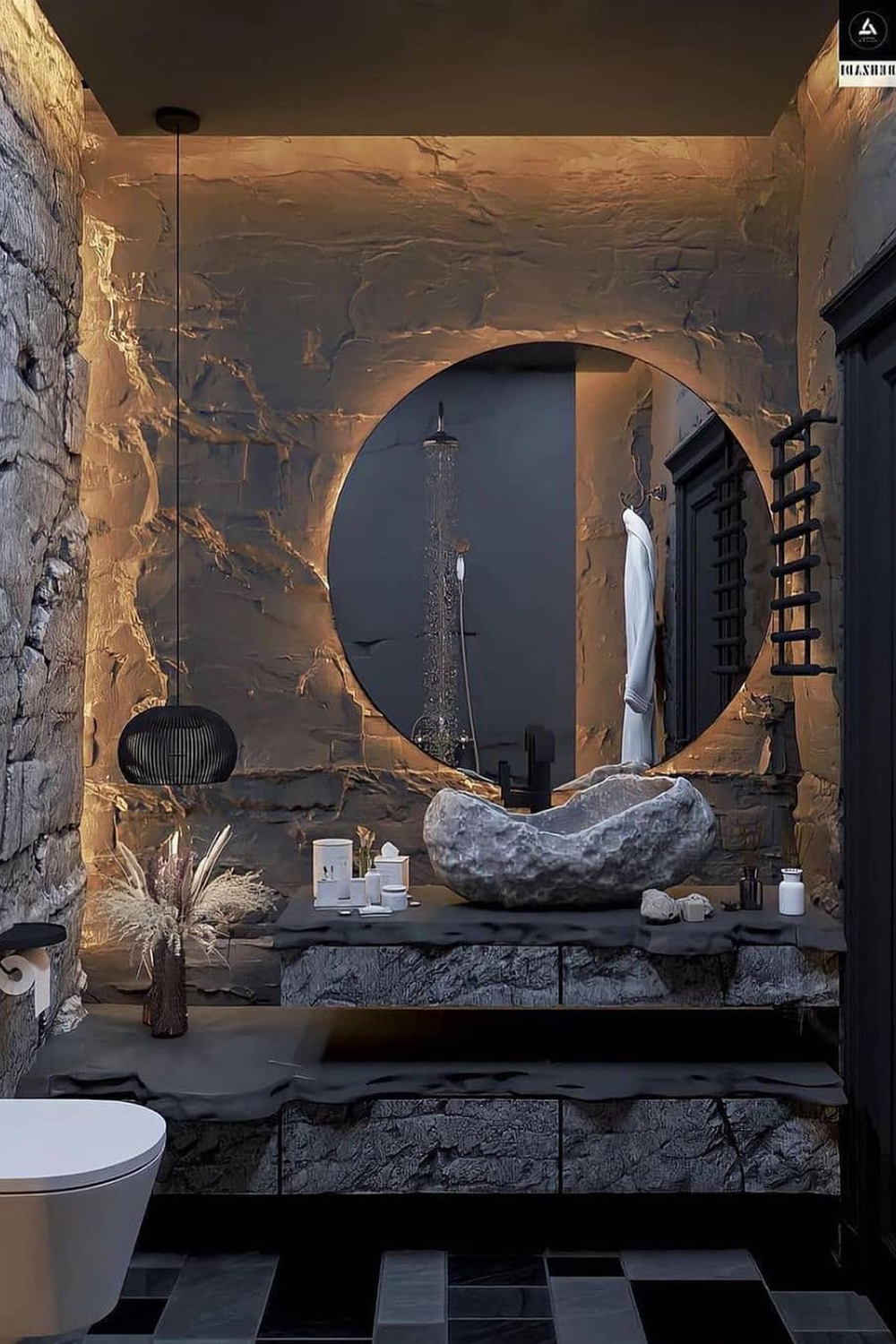 Contemporary bathroom with natural stone wall, circular mirror & striking stone sink.