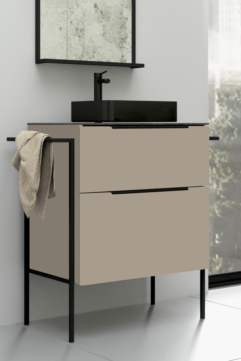 Mueble de baño taupe minimalista sobre estructura negra.