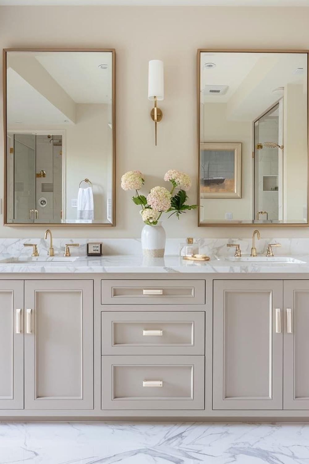 Mueble de baño taupe clásico y sofisticado.