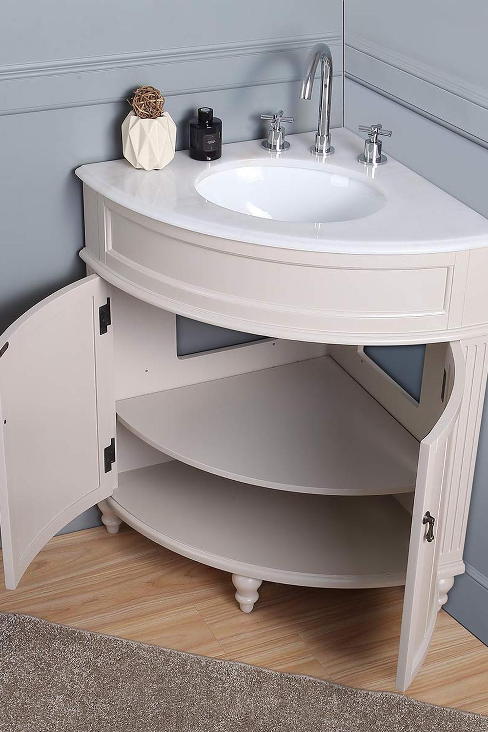 Mueble de baño taupe con diseño curvo.