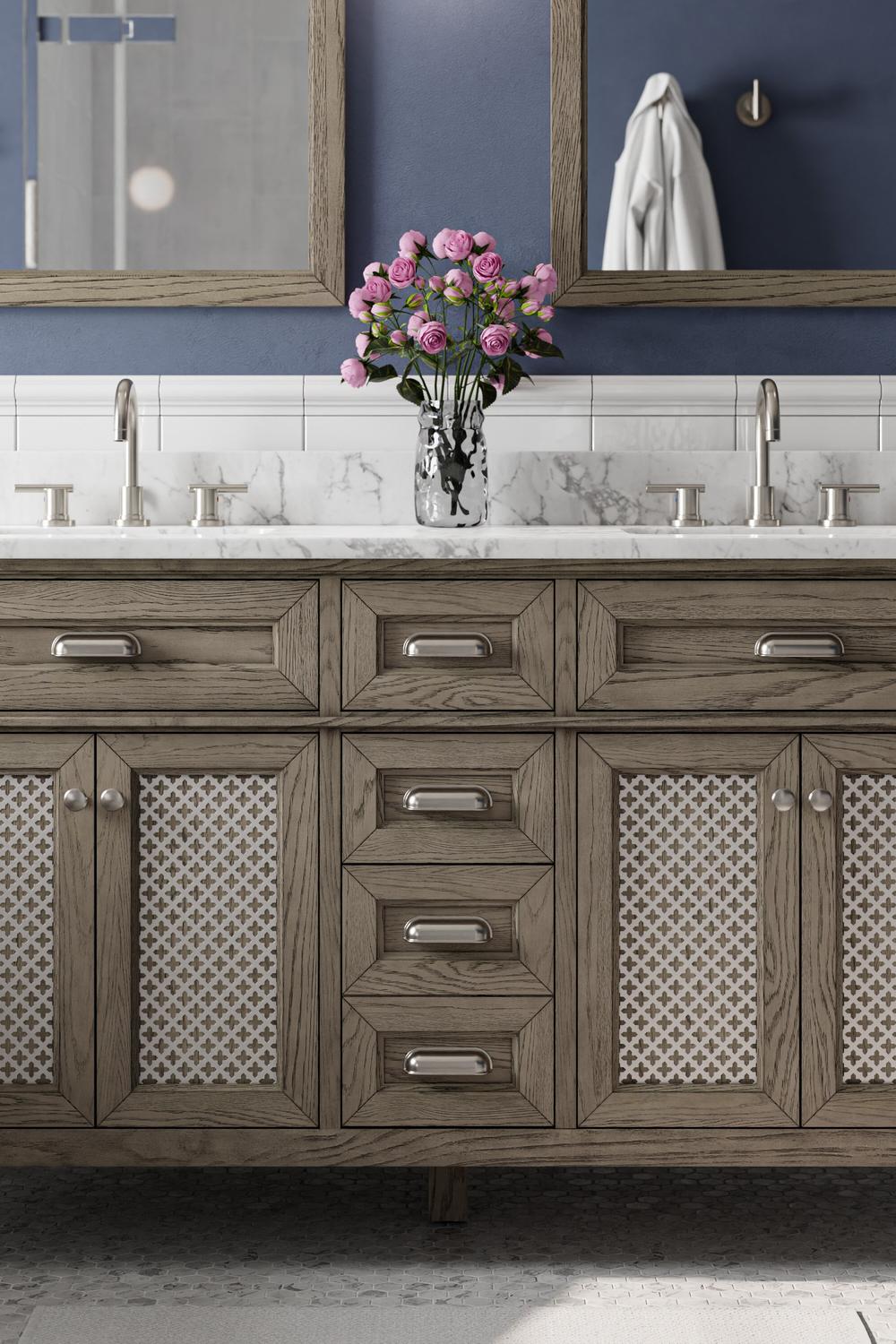 Mueble de baño taupe con simplicidad elegante.