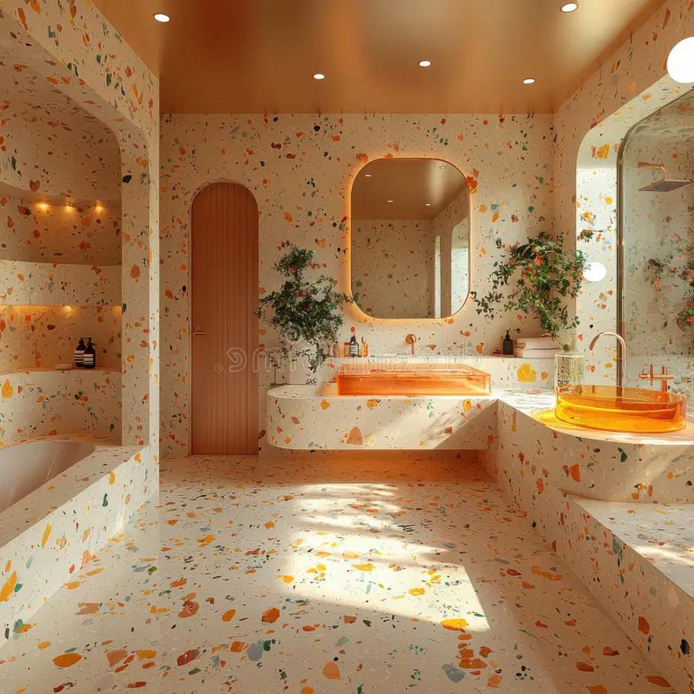 Modern terrazzo bathroom featuring bright colors and sculptural shapes.
