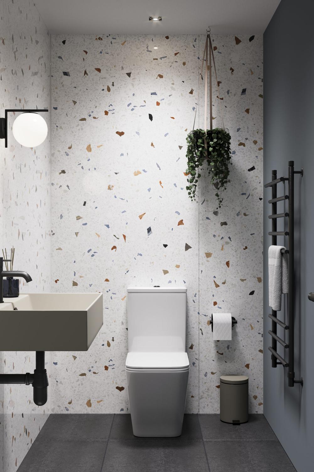 Ultra-modern bathroom featuring terrazzo finishes and sleek aesthetics.