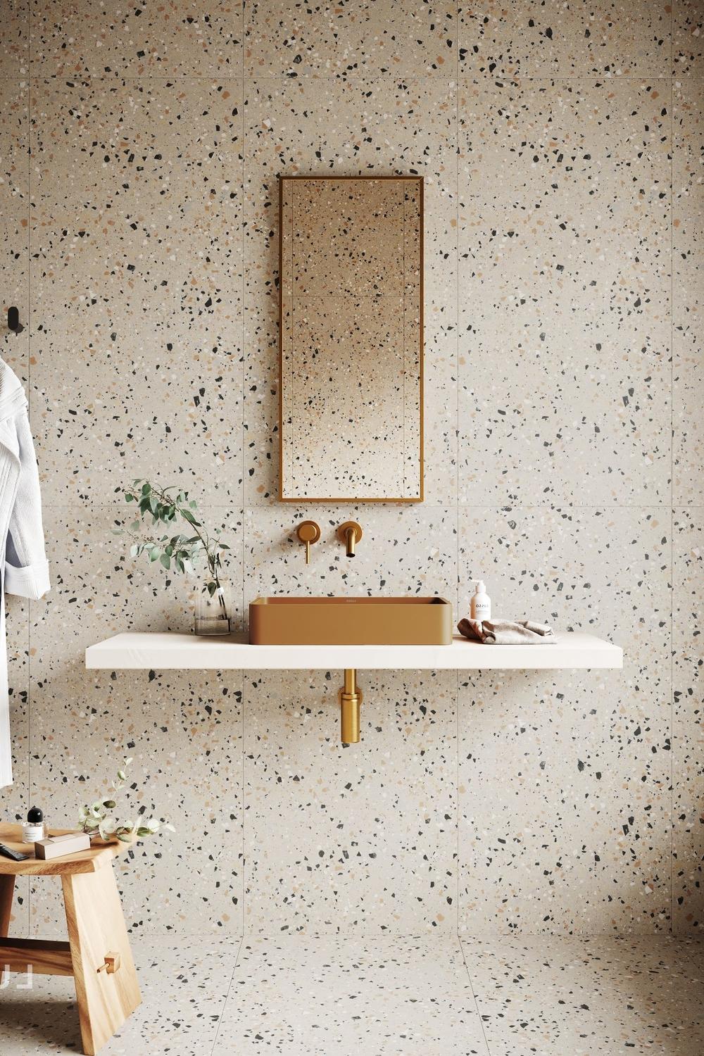 Elegant modern bathroom showcasing unique terrazzo designs.