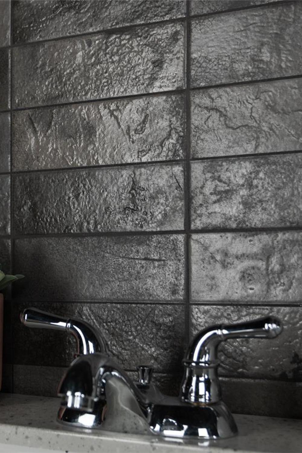 Baño con azulejos negros texturizados y plantas verdes
