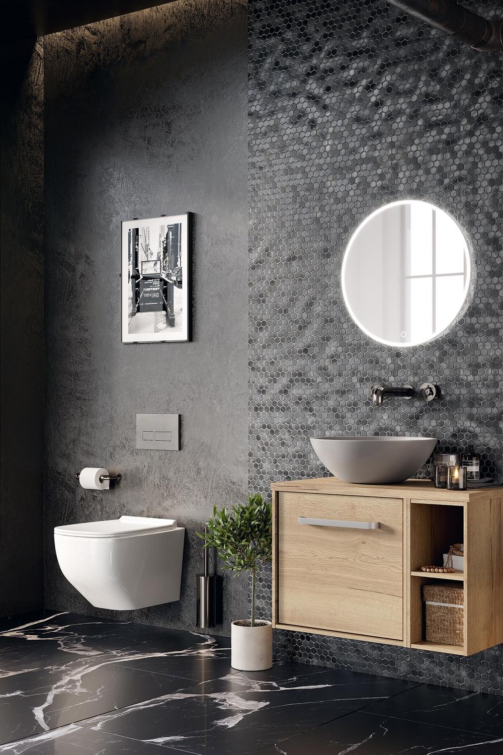 Baño contemporáneo con pared de azulejos hexagonales