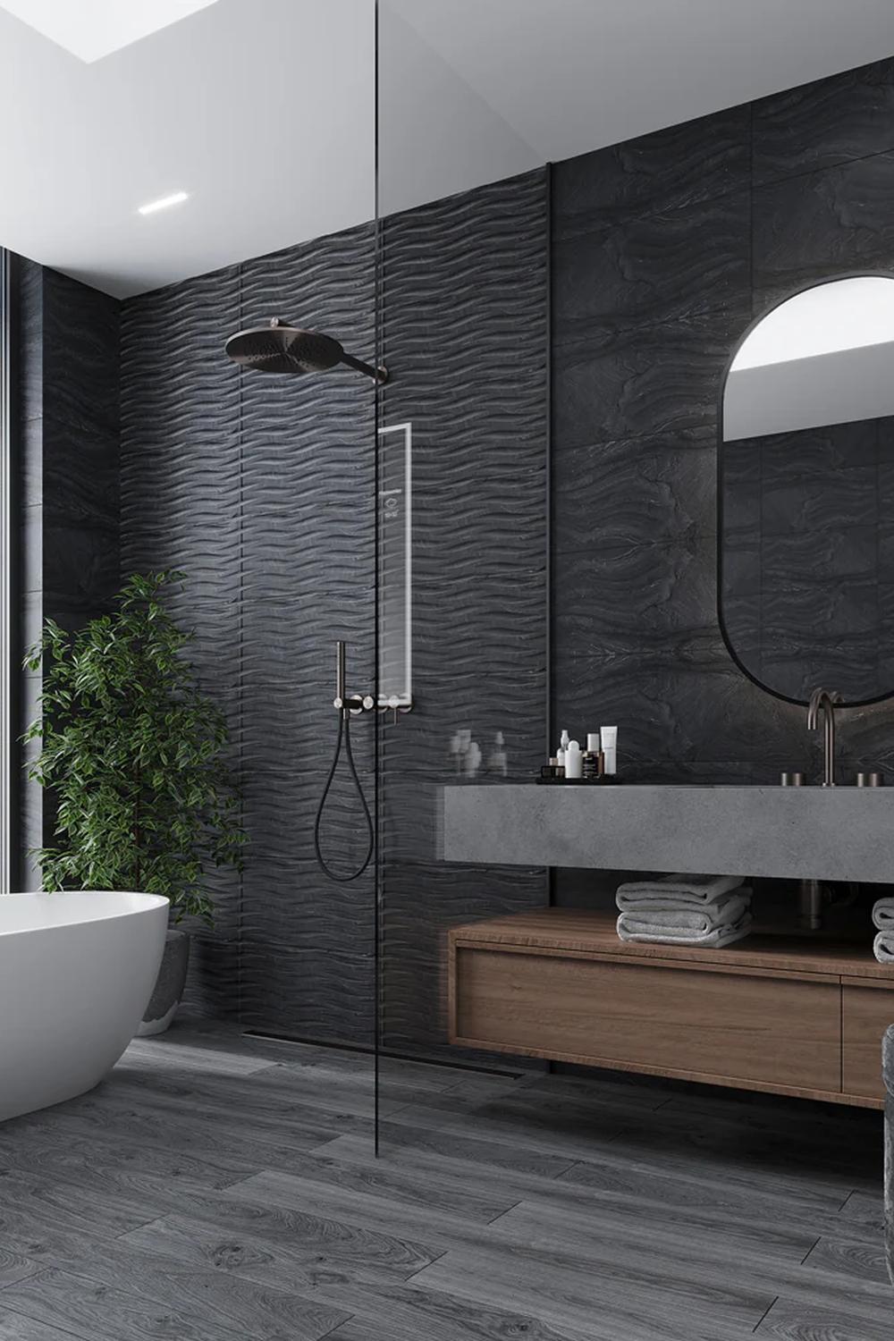 View of Textured Black Tile Wall Bathroom Inspiration: 22 Ways to Style Your Space