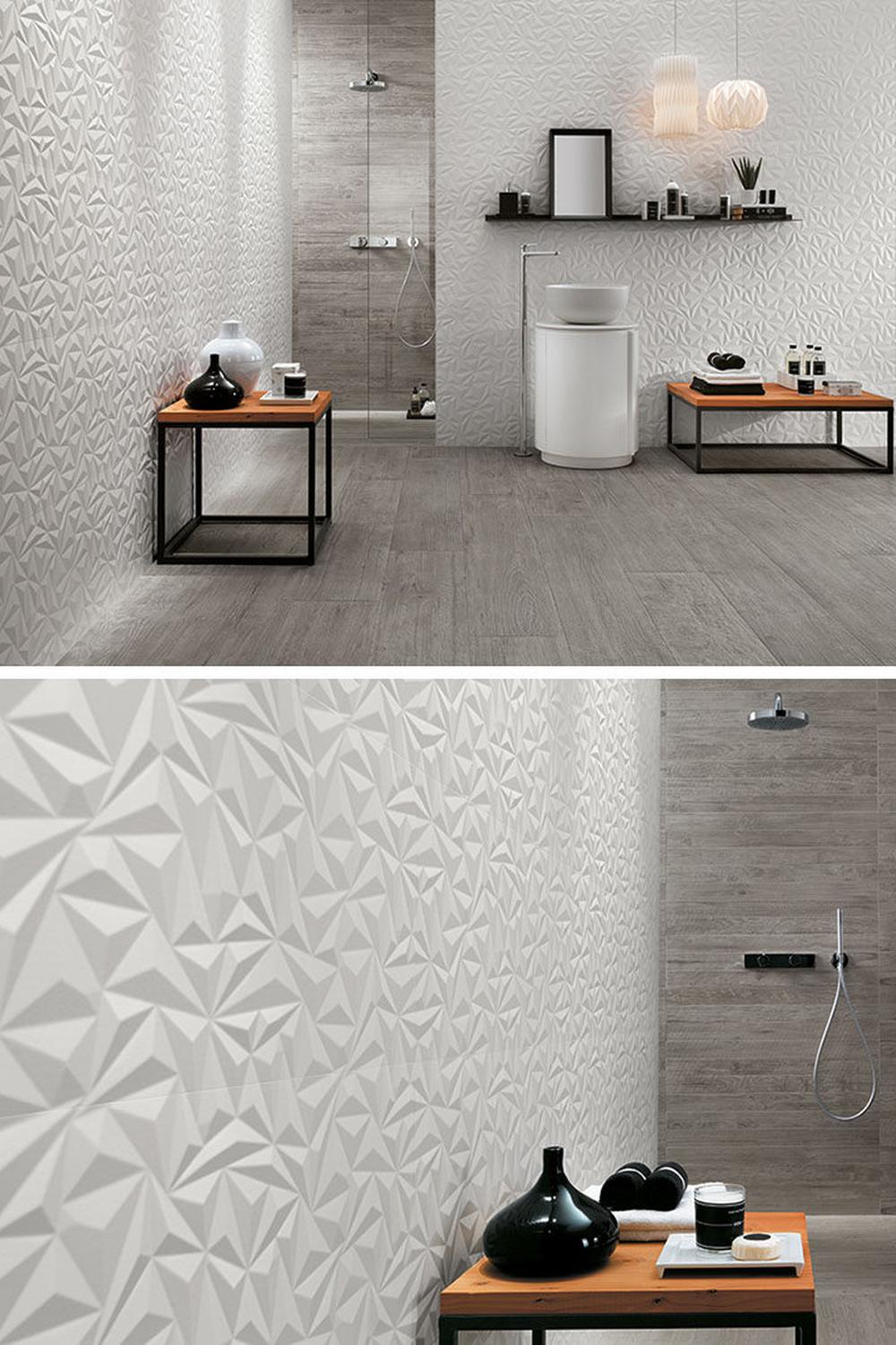 Baño moderno con azulejos texturizados y colores brillantes