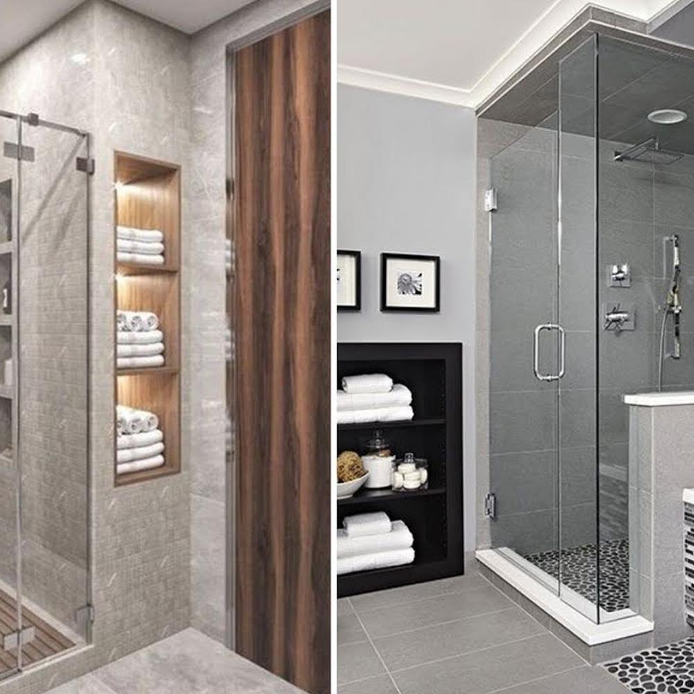 Diseño doble de baño compacto con ducha estilizada