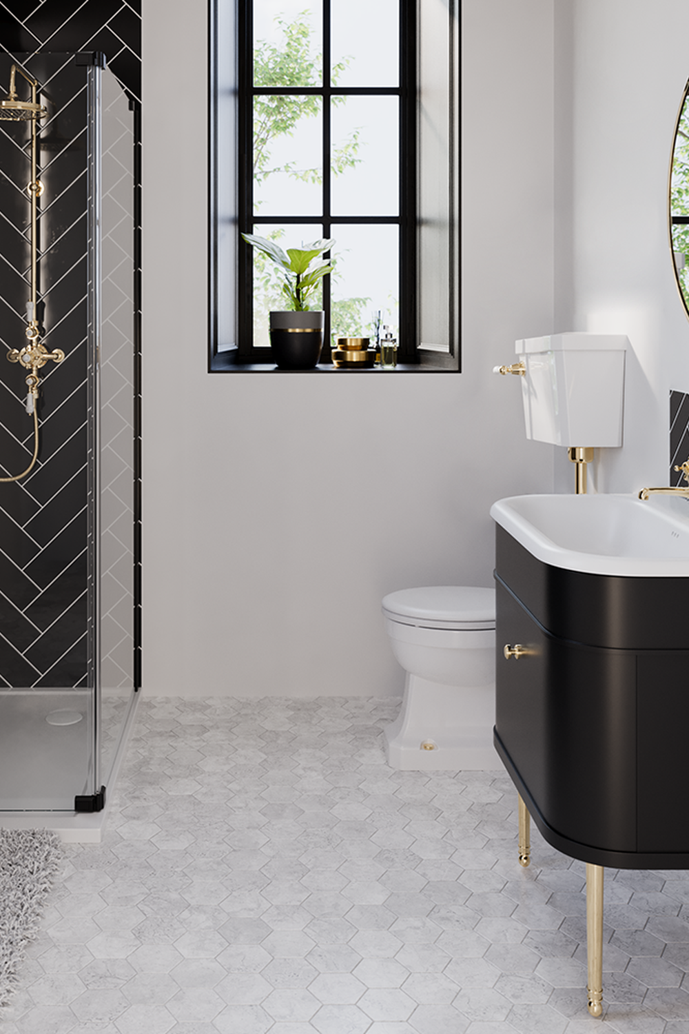 Baño tradicional con paleta de colores gris suave y toques negros.