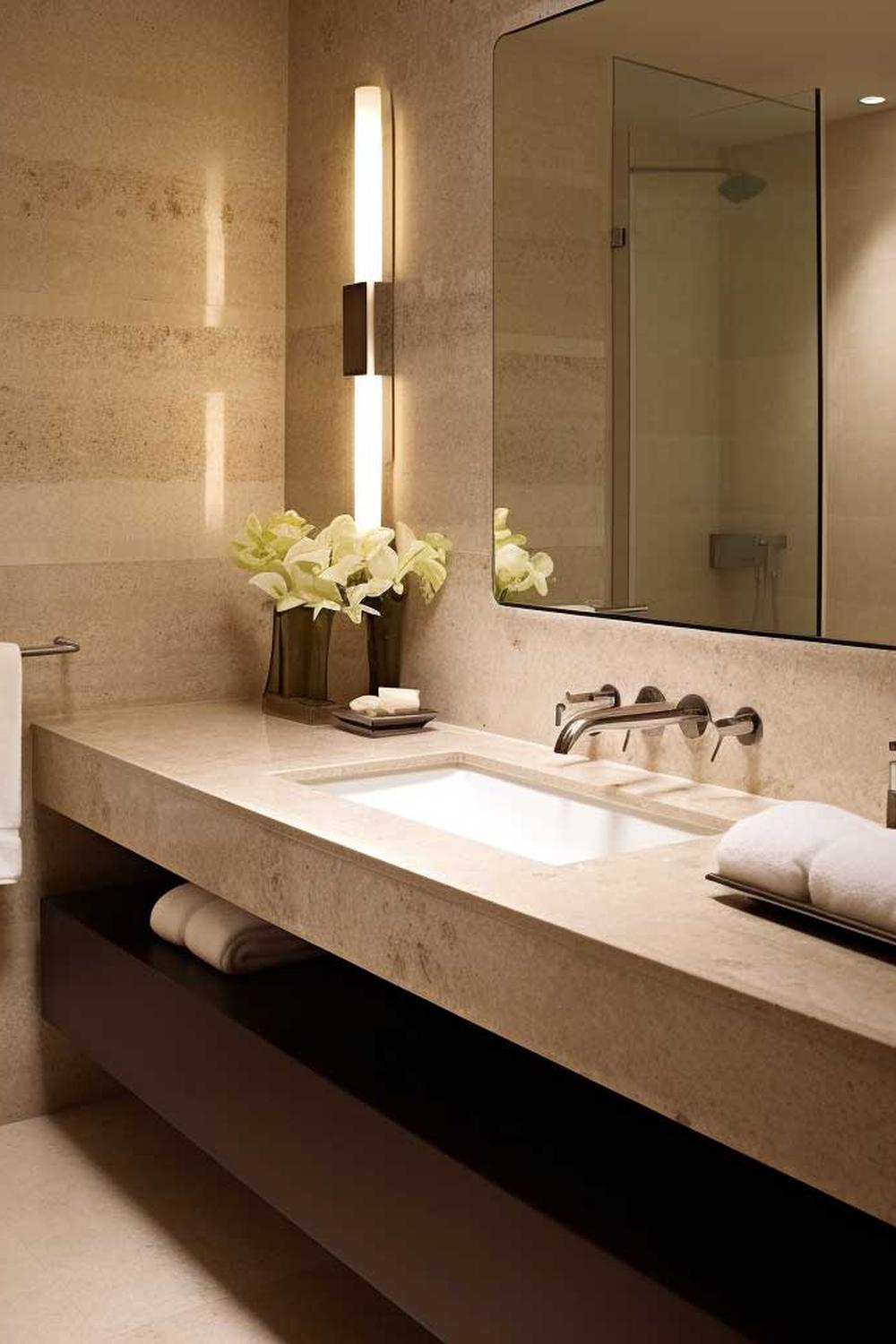 Baño chic y moderno con uso destacado de travertino.