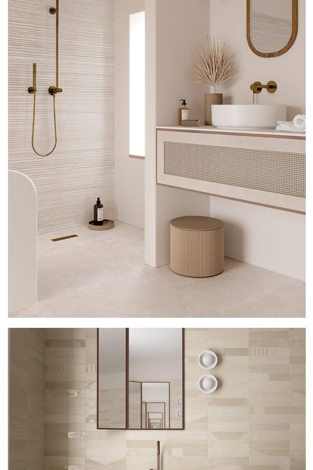 Baño con azulejos claro y mueble de madera oscura