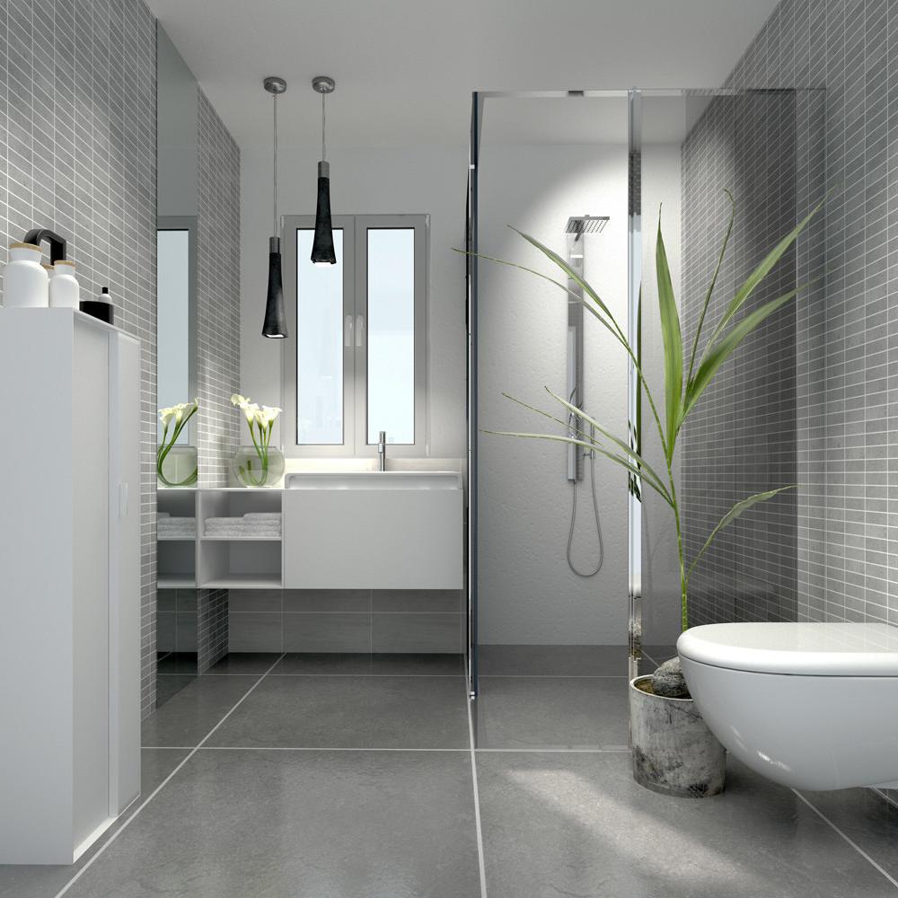 Modern bathroom featuring chic gray mosaic tiles and minimalist design.