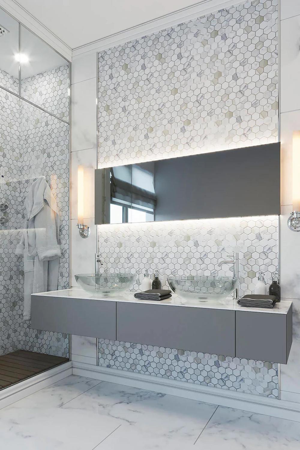 Bathroom featuring unique hexagonal mosaic tiles for a contemporary flair.