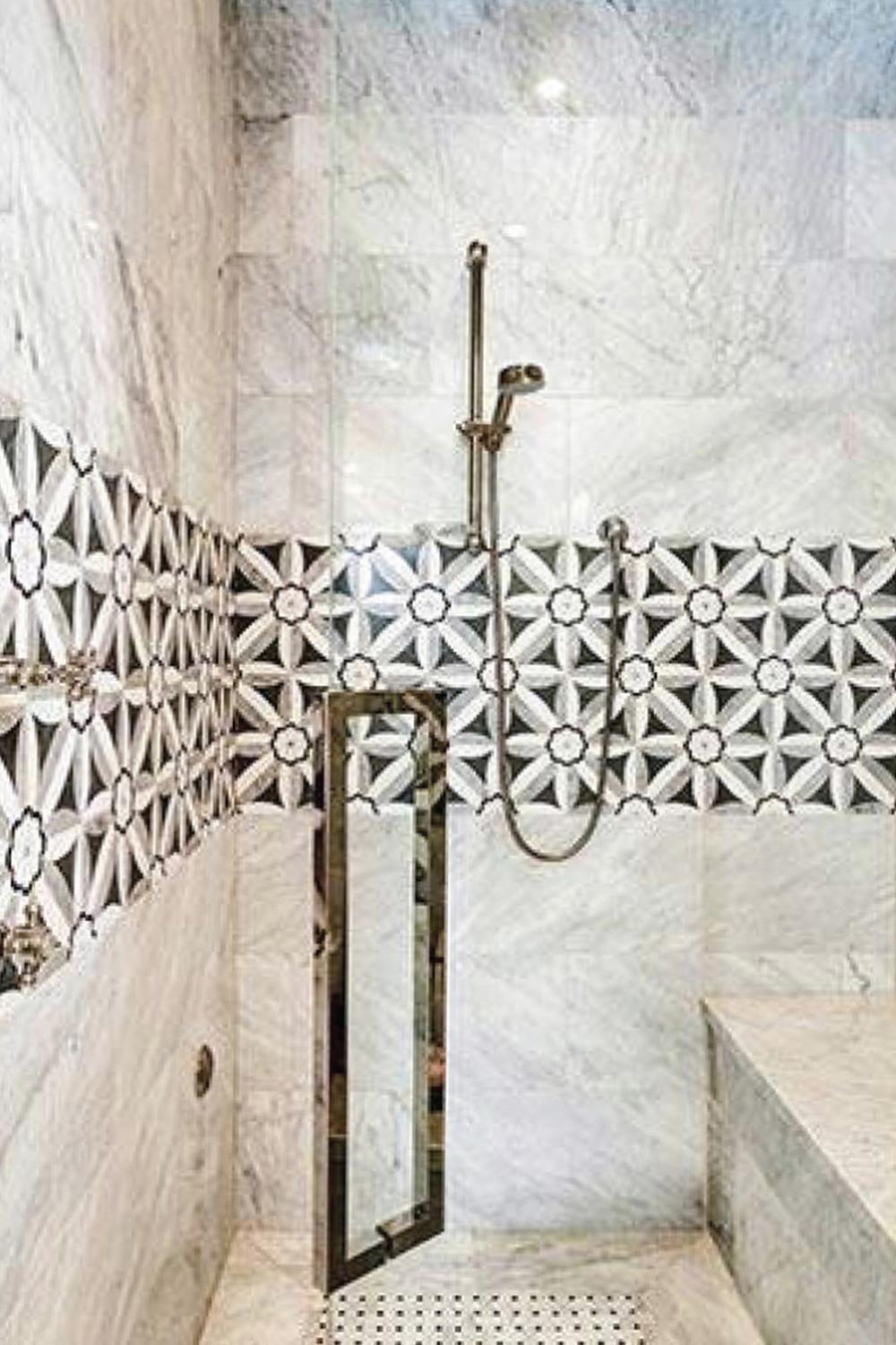 Bathroom showcasing stylish monochrome shower with bold patterned tiles.
