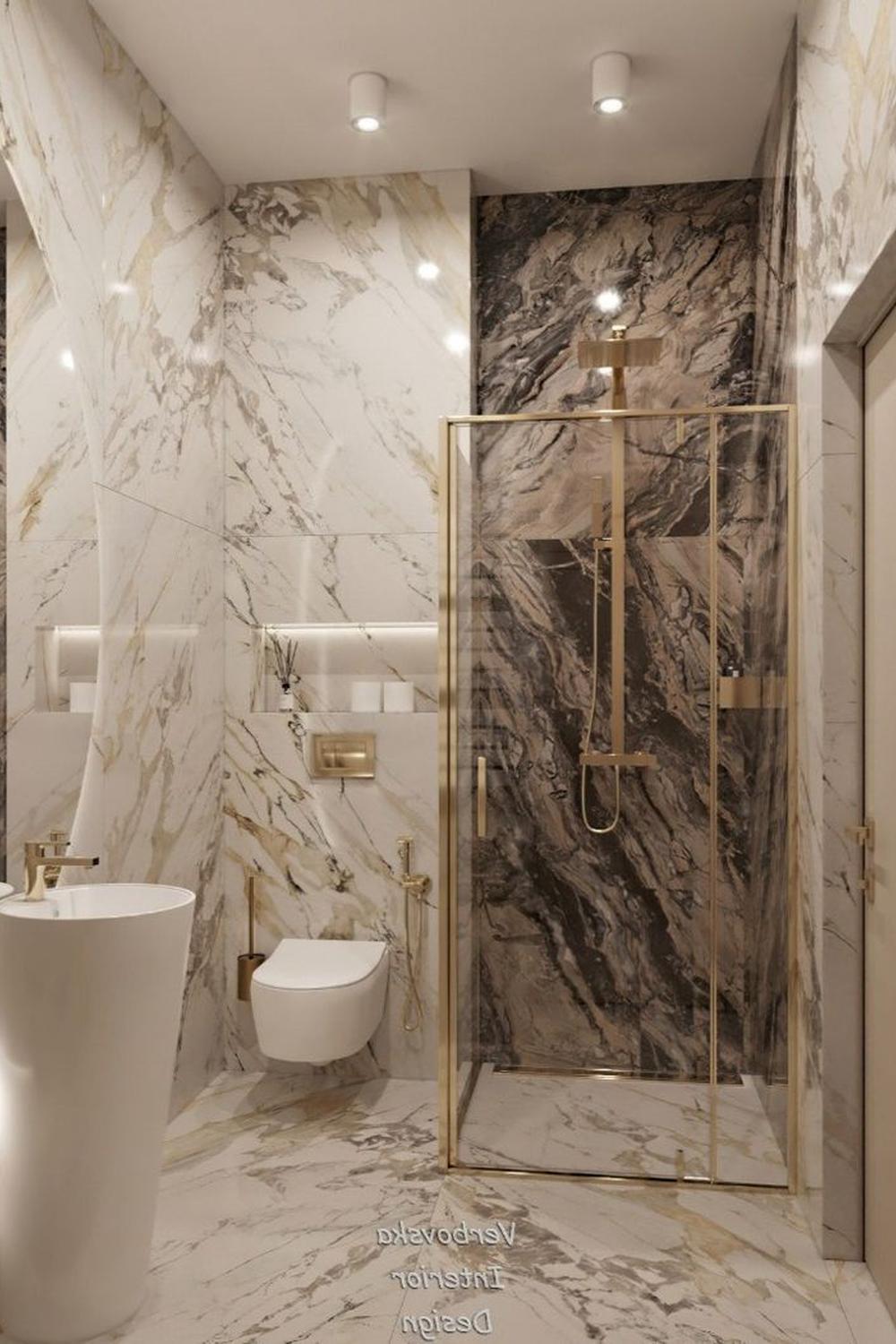 Bathroom featuring elegant marble-look tiles for a timeless aesthetic.