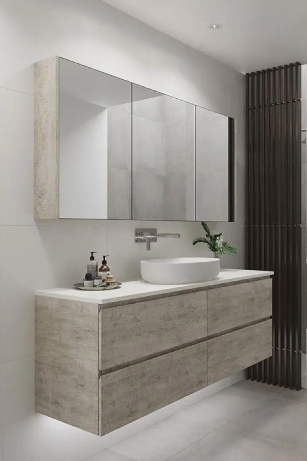 Bathroom showcasing a stylish wood-finished vanity for a contemporary feel.